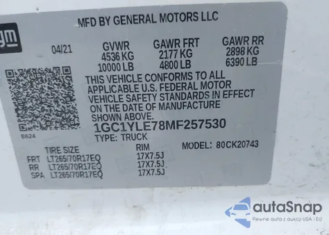 2021 Chevrolet Silverado 2500Hd 4Wd Standard Bed Wt из США, поврежденный, VIN 1GC1YLE78MF257530